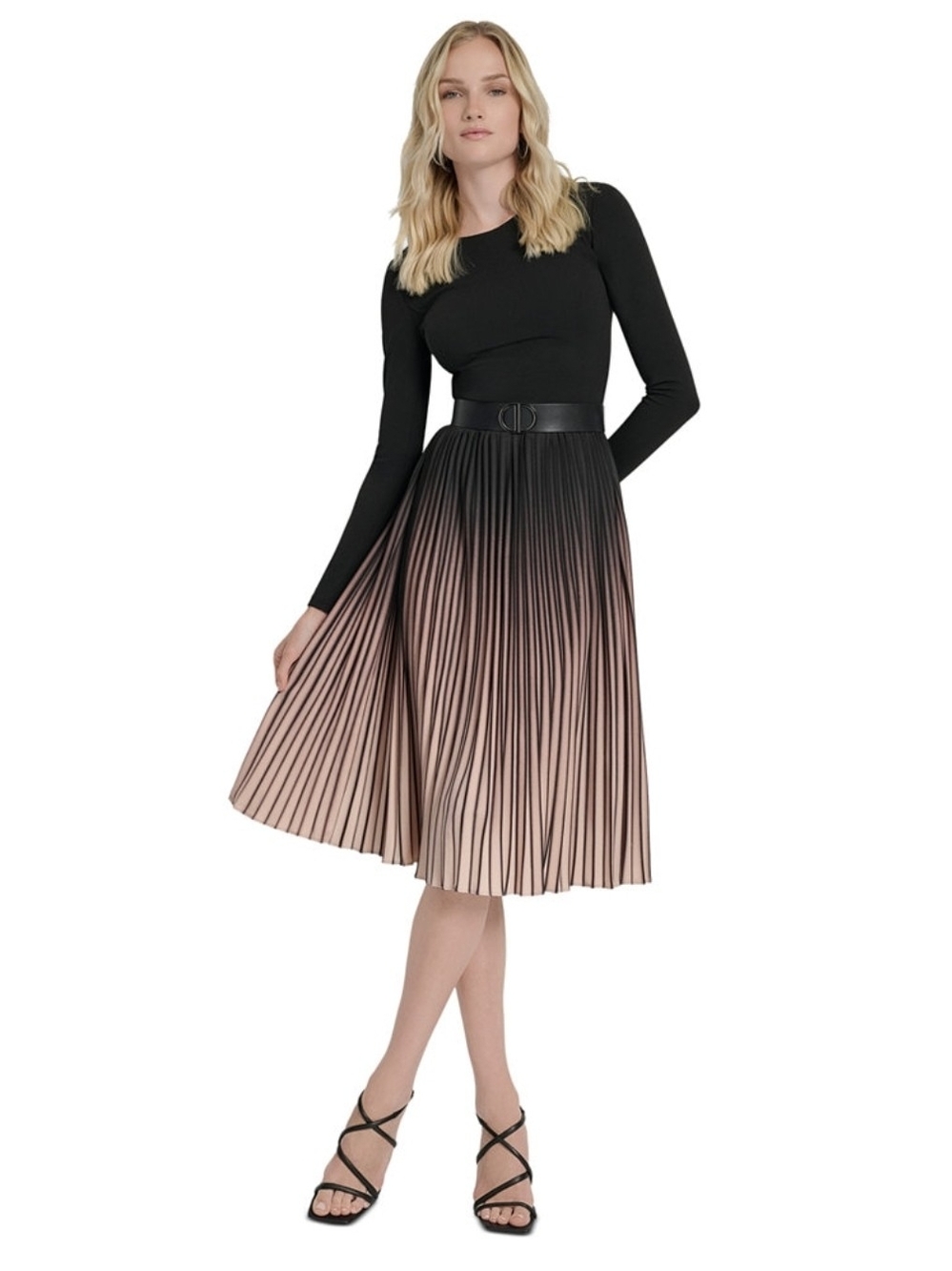 DKNY Ombre Pleated Jewel Neck Belted Midi Dress Size 6